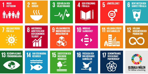 Bilden visar ikoner för de 17 globala målen inom Agenda 2030