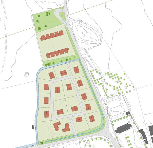 Illustration som visar nytt bostadsområde i Ekeby