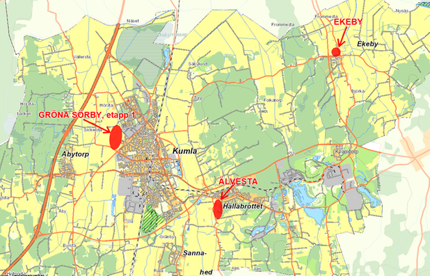 Karta över kommunens nu pågående exploateringsområden